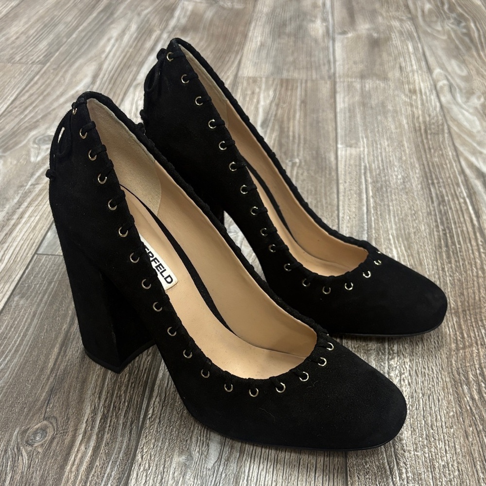 Karl Lagerfeld Paris Black Suede Block Heels with Eyelet Detail